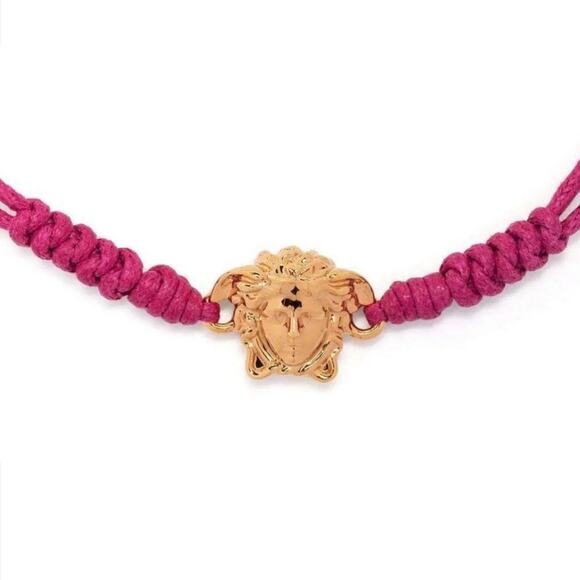 NIB Versace Medusa Head Gold Tone Pink Cord Adjustable Bracelet - Picture 3 of 6